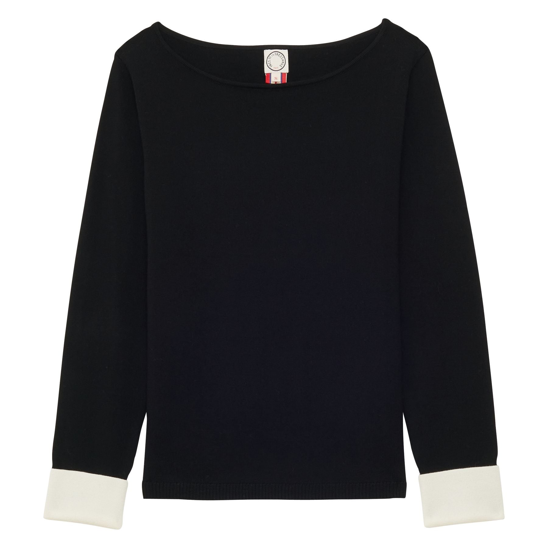 Pull Gigi en laine mérinos noire, poignets blancs