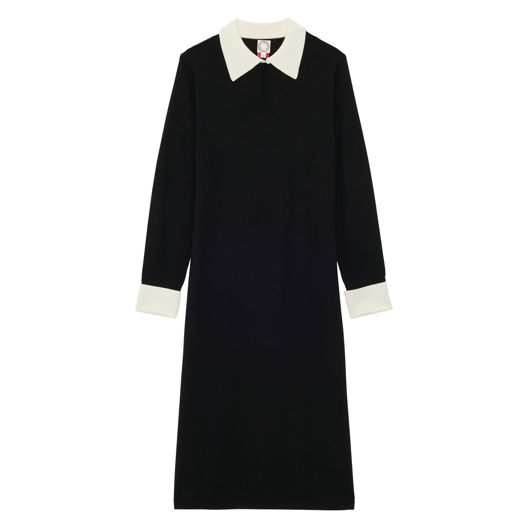 Robe Gabby en laine mérinos noire, poignets blancs