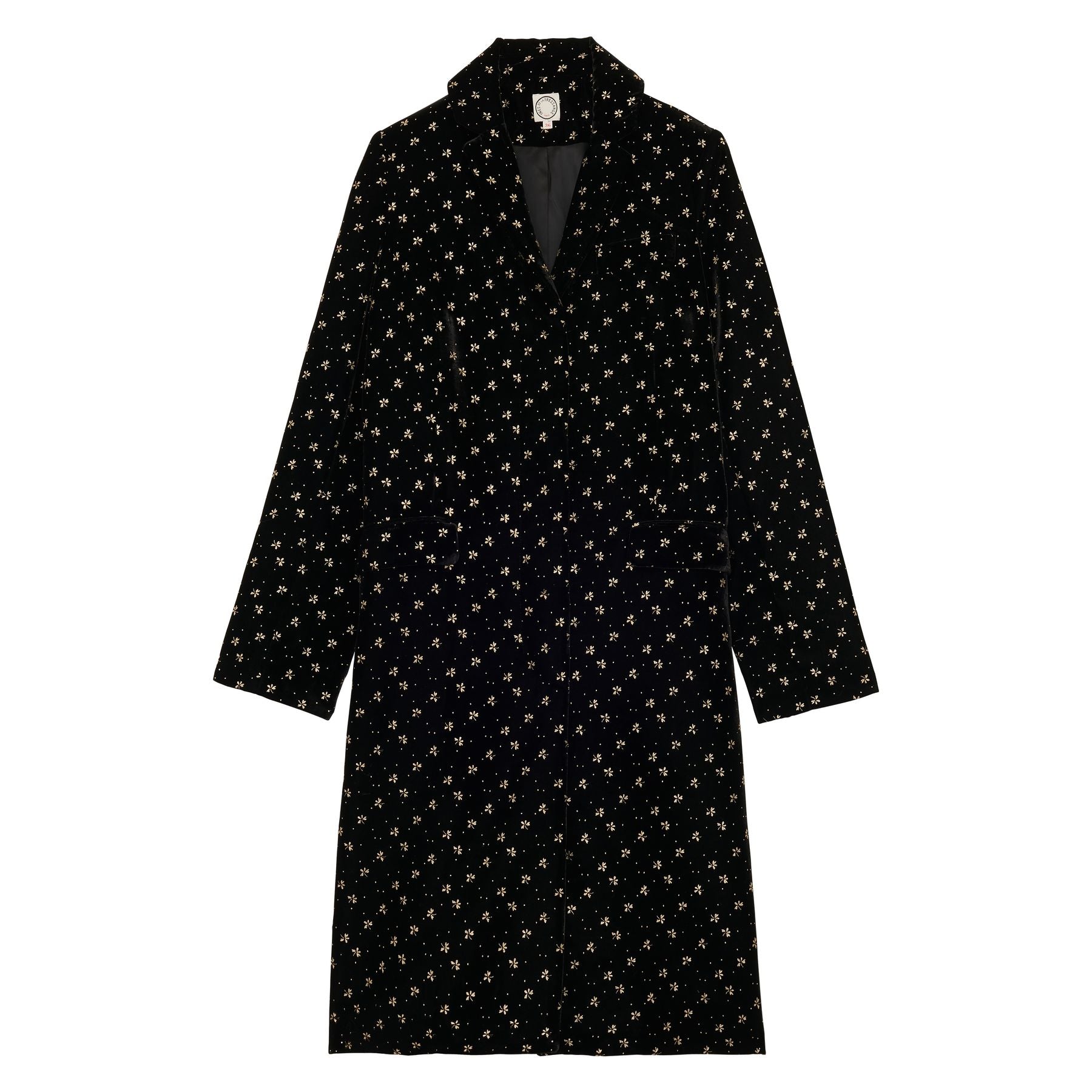 Manteau Franck en velours lisse noir, imprimé doré