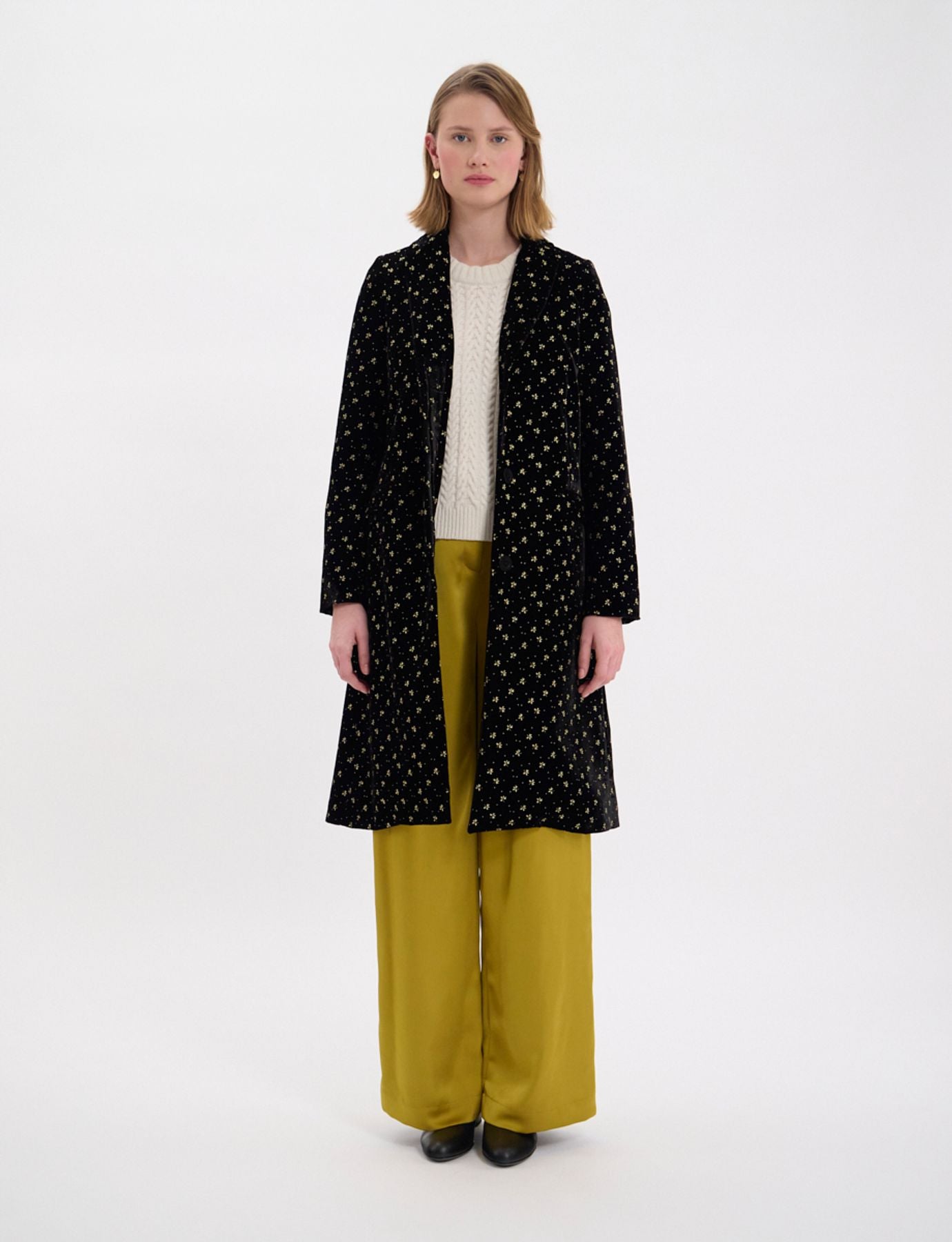 Manteau Franck en velours lisse noir, imprimé doré