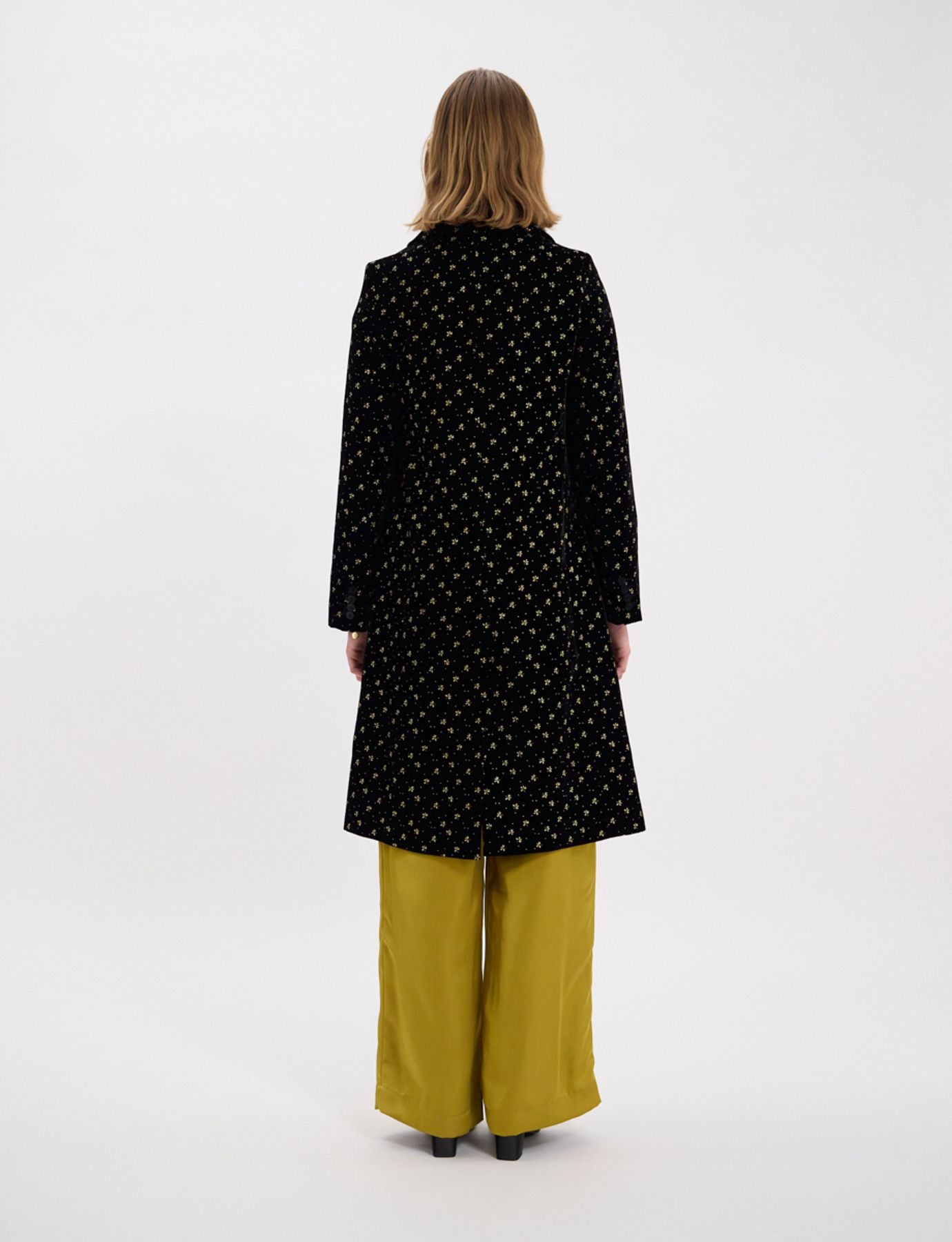 Manteau Franck en velours lisse noir, imprimé doré