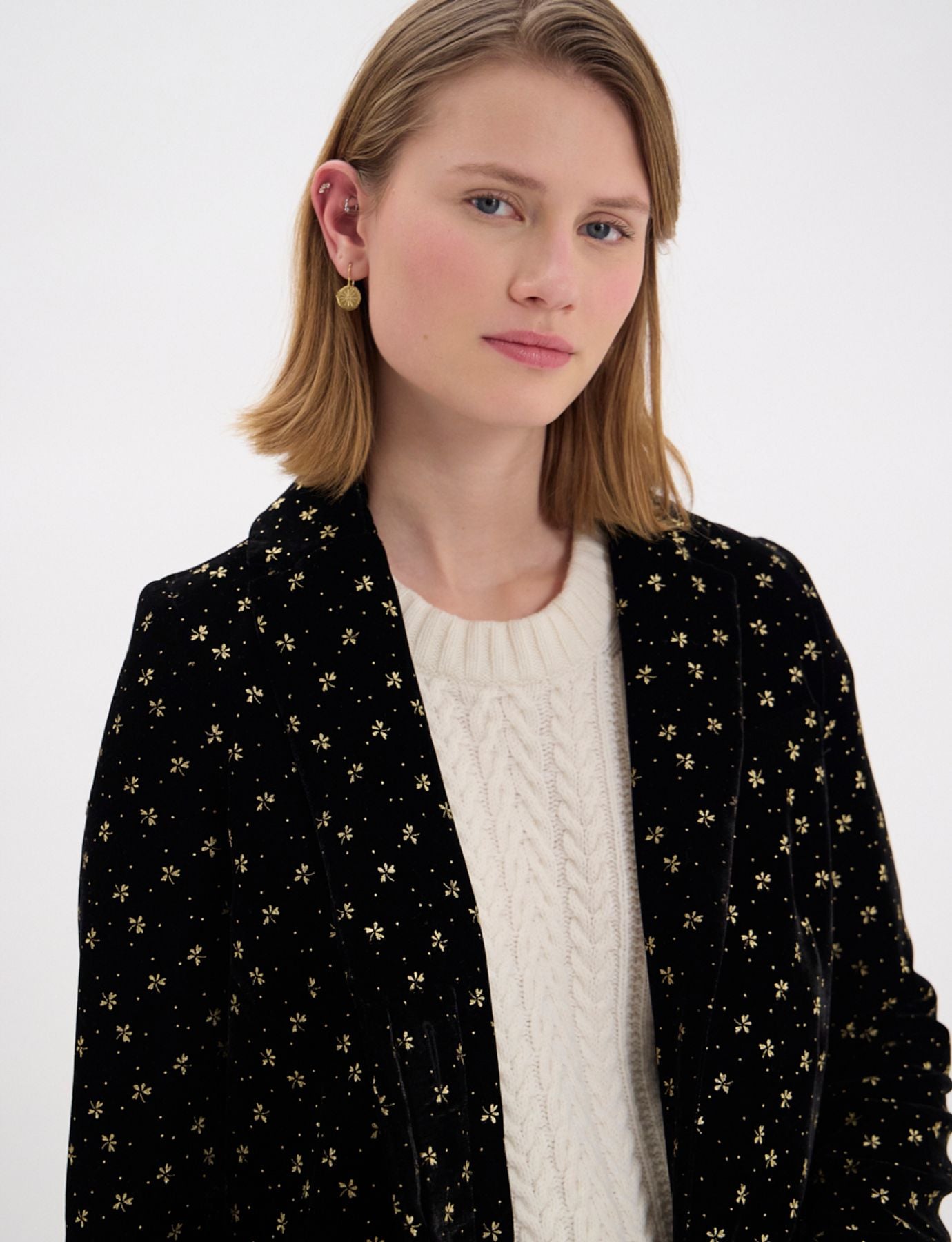 Manteau Franck en velours lisse noir, imprimé doré