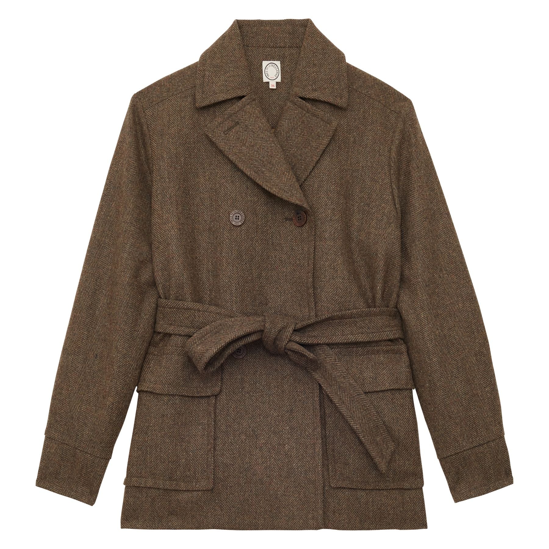 Manteau court Romaric en lainage marron à chevrons