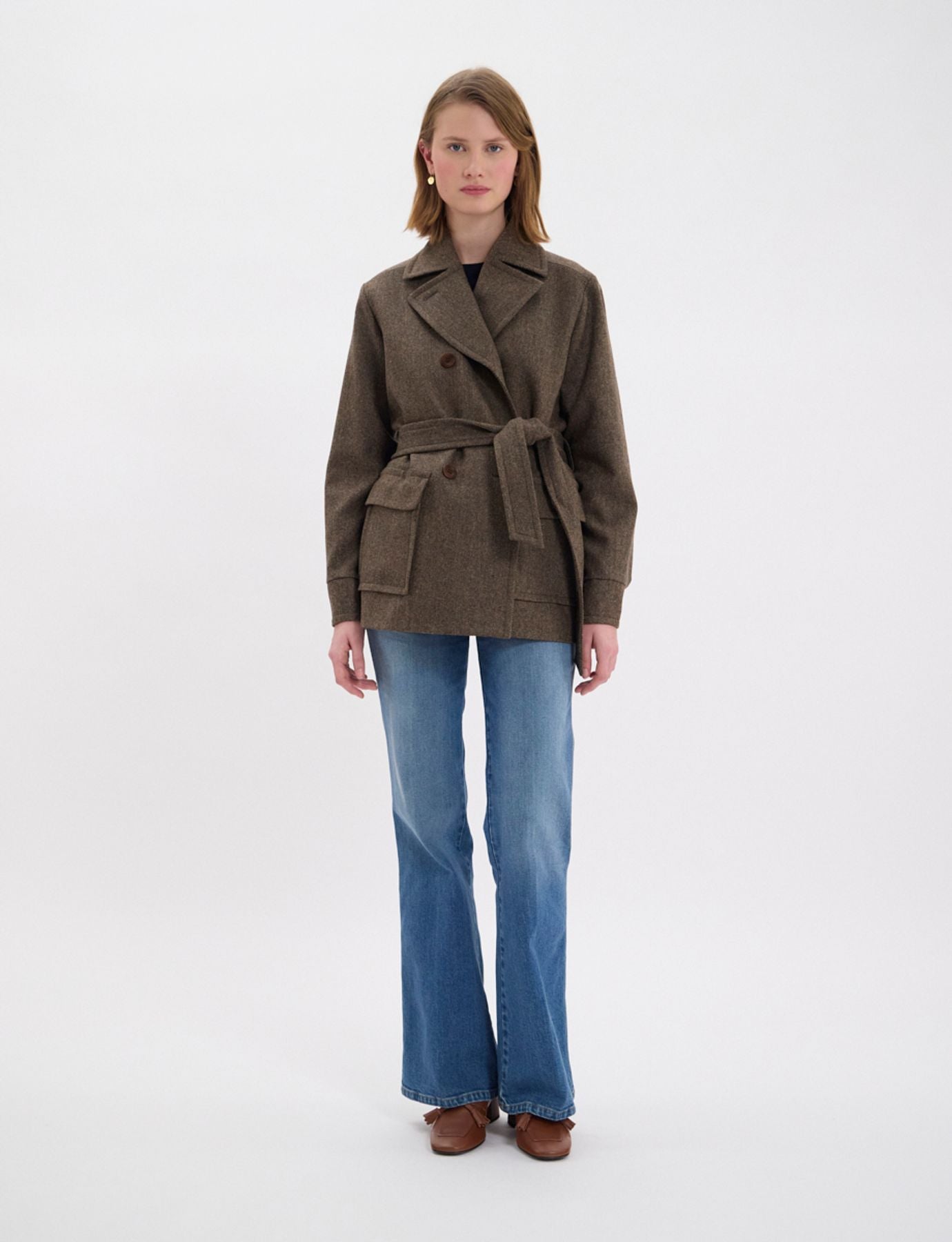 Manteau court Romaric en lainage marron à chevrons
