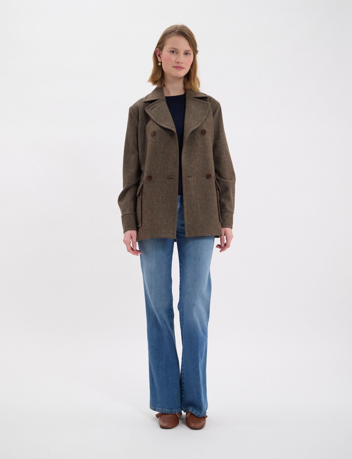 Manteau court Romaric en lainage marron à chevrons