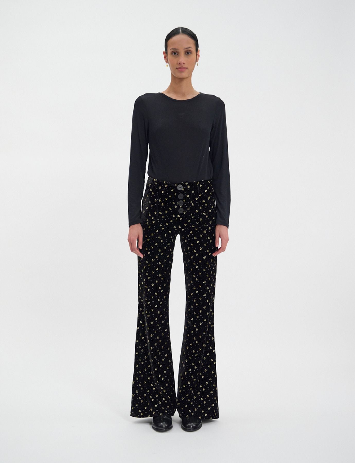 Pantalon Charlotte en velours lisse noir, imprimé doré