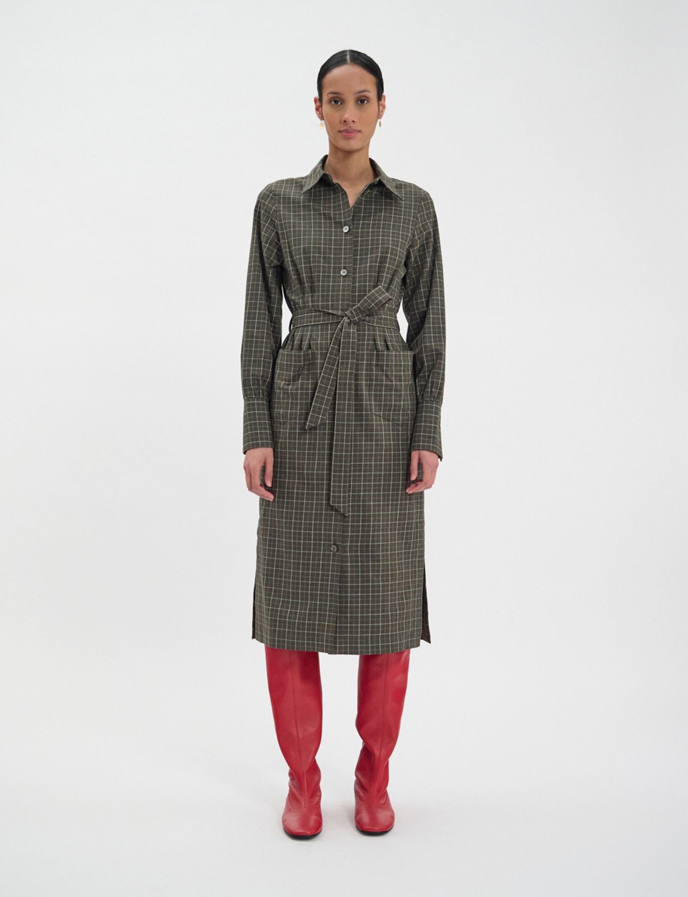 Vestido de cuadros de algodón caqui Rosabella