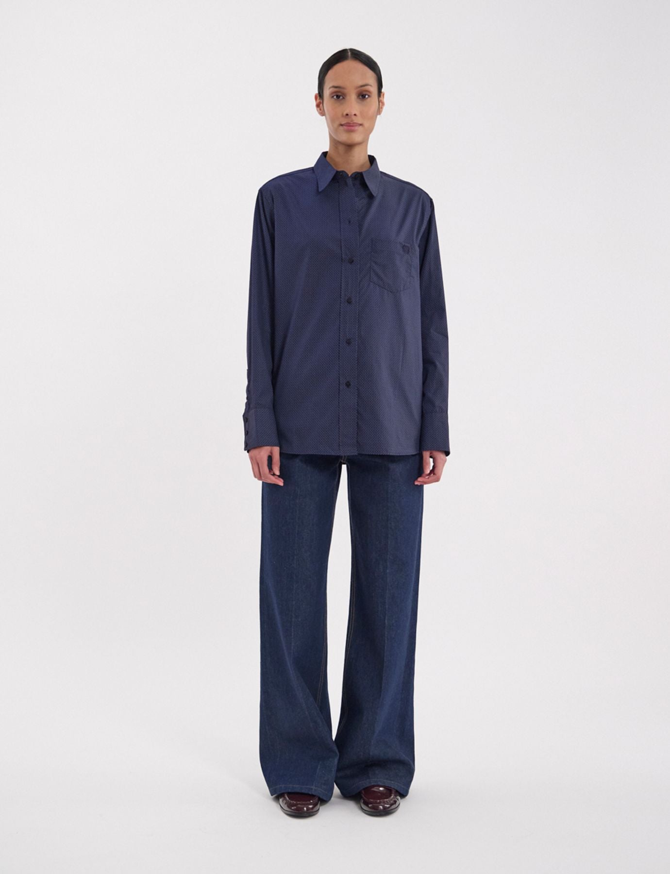 Camicia Maureen in cotone blu scuro a fantasia