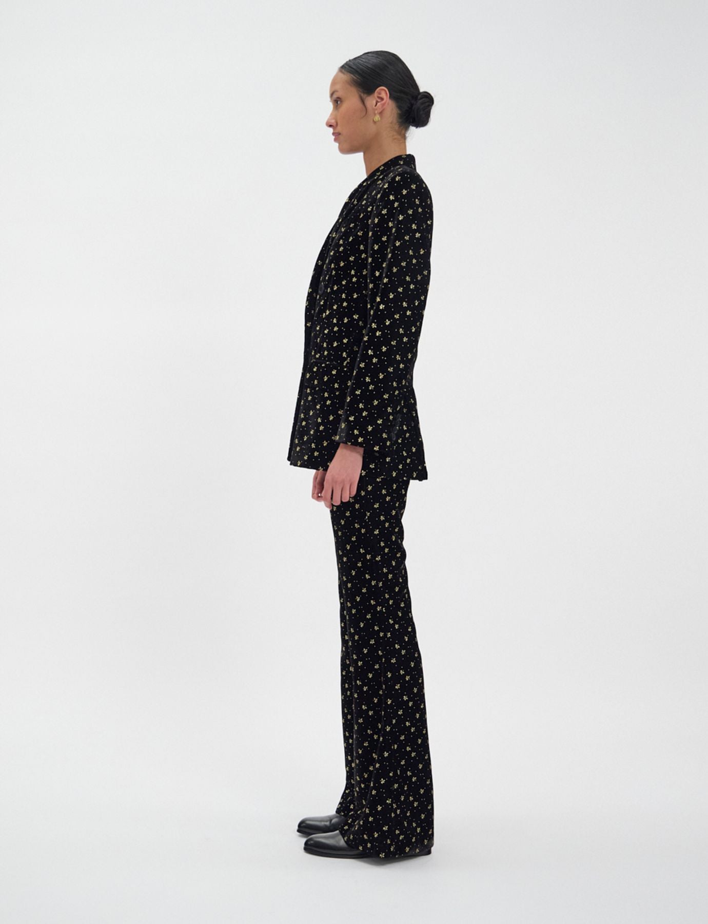 Ezio jacket in black smooth velvet with gold print