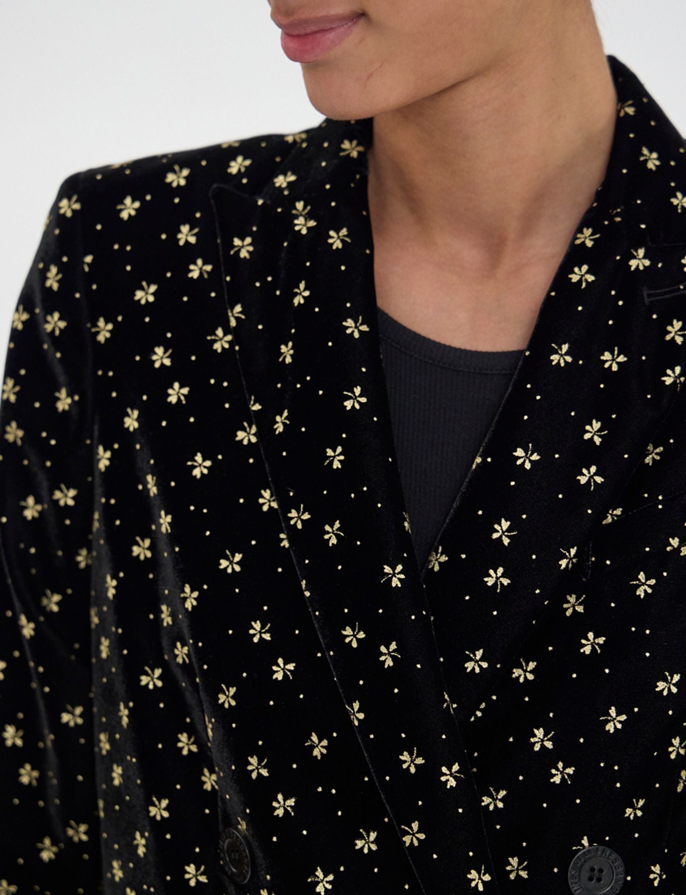 Ezio jacket in black smooth velvet with gold print