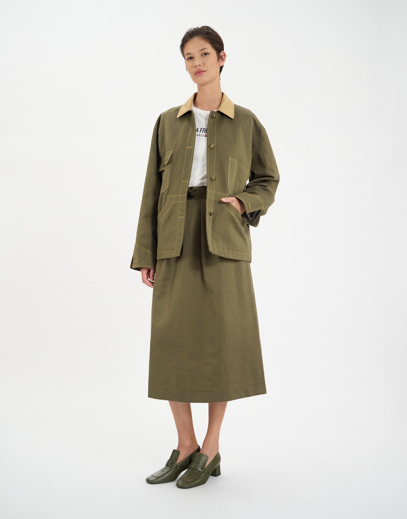 Veste de travail Melchior en lin et coton kaki