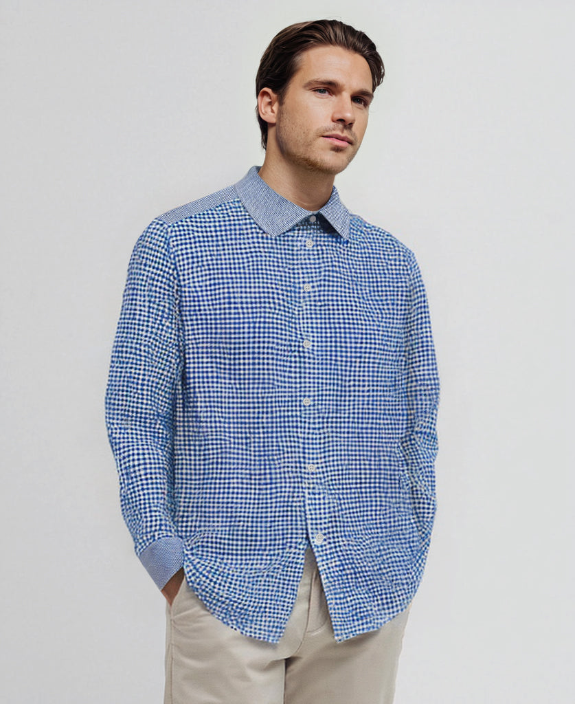 Chemise pour homme Olivier en lin, motif Vichy bleu et empiècements