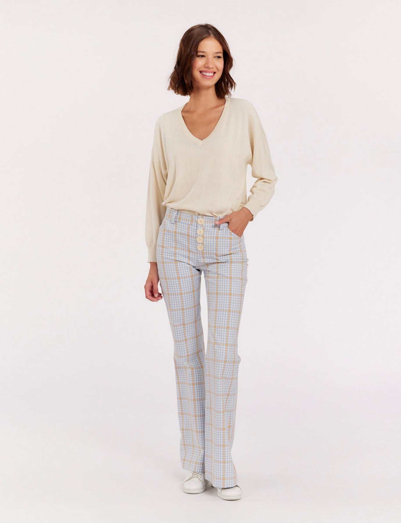 Pantalon Charlotte à carreaux bleu et orange