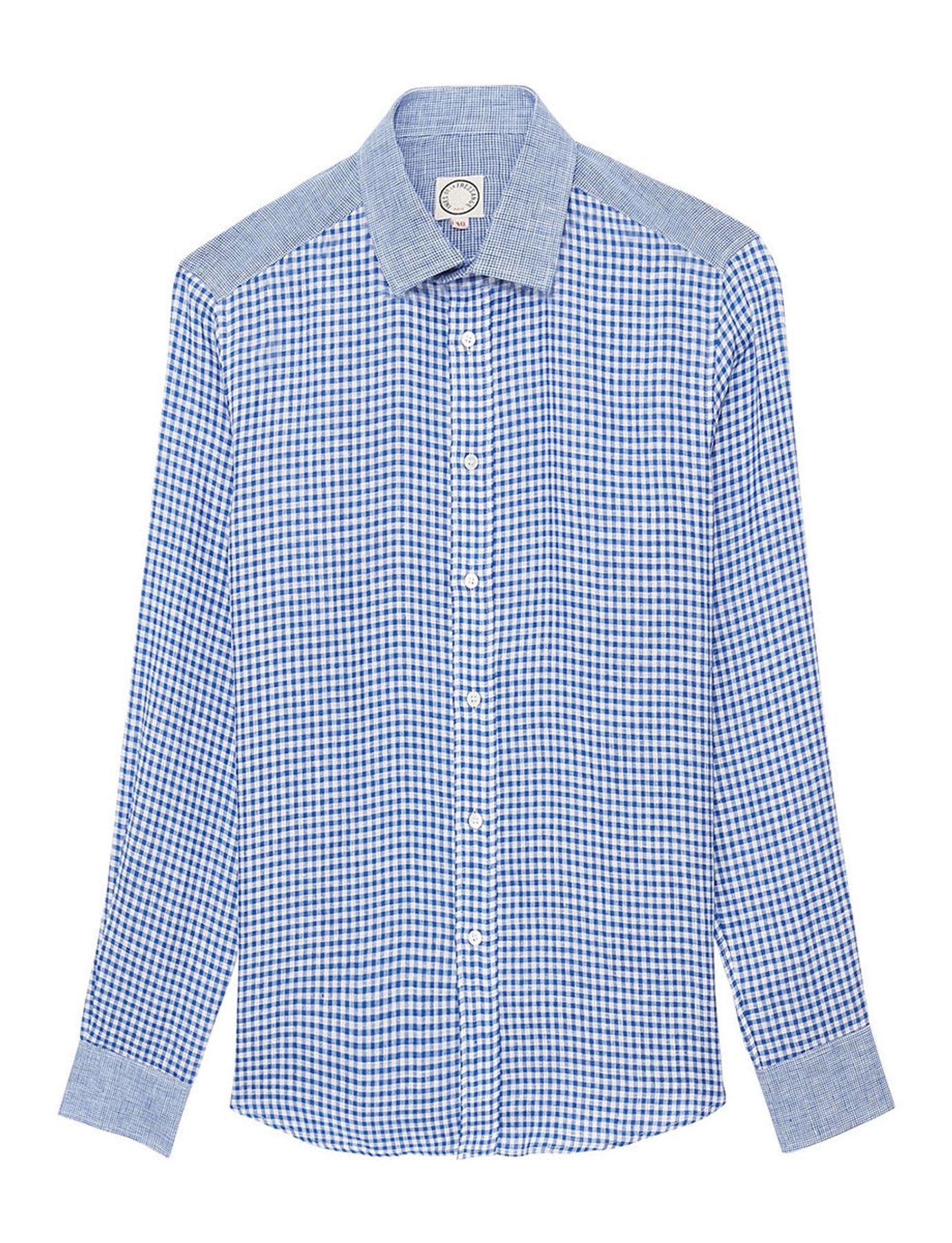 Chemise pour homme Olivier en lin, motif Vichy bleu et empiècements