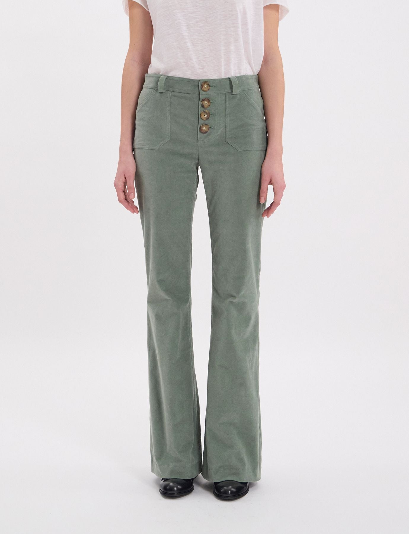 Charlotte trousers in almond green smooth velvet
