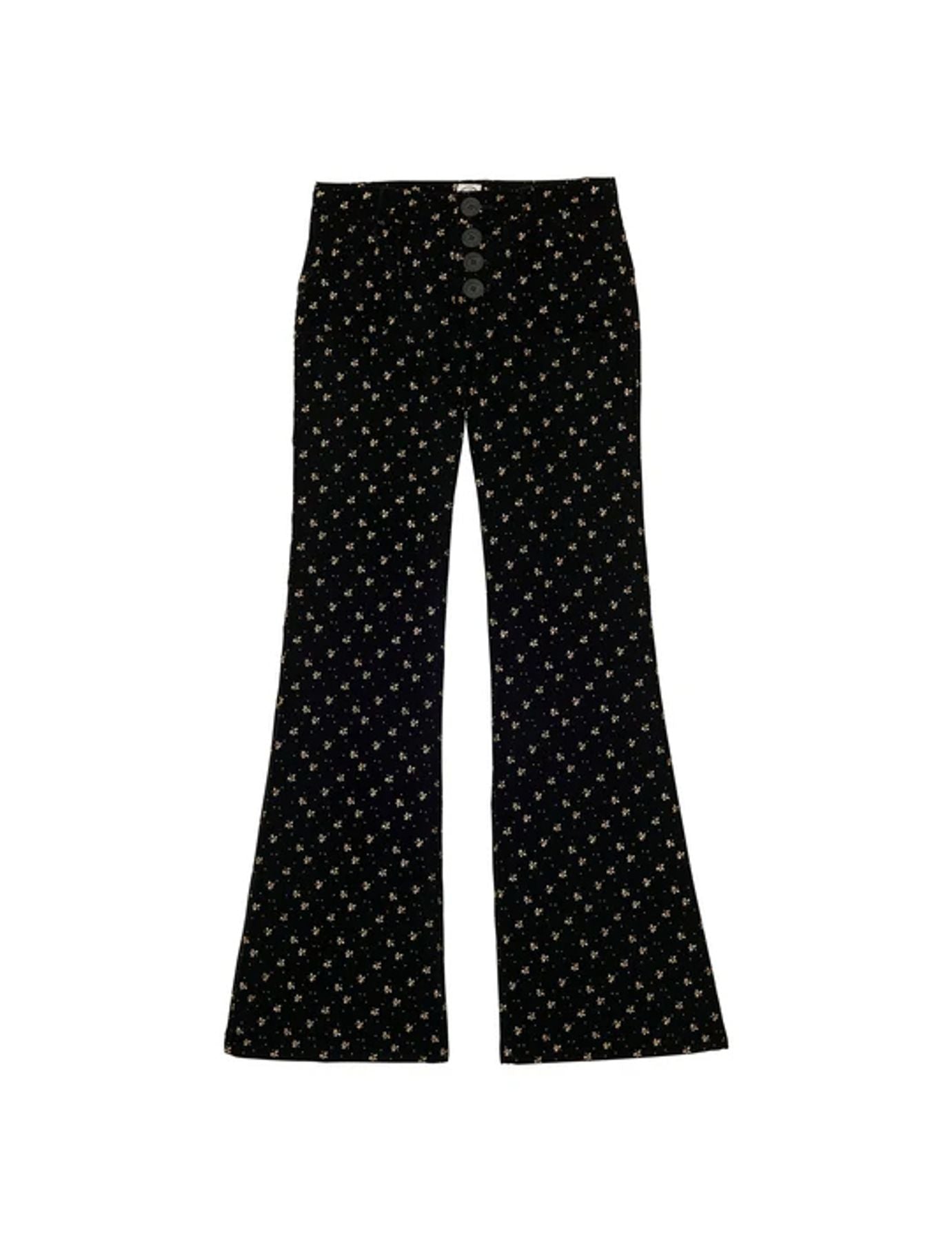 Pantalon Charlotte en velours lisse noir, imprimé doré