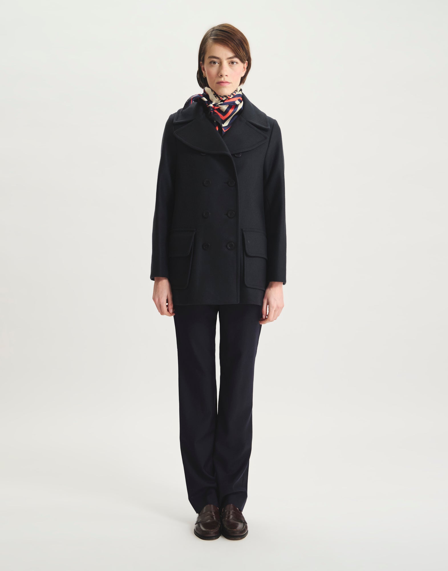 Séraphine, cappotto di lana a spina di pesce blu scuro