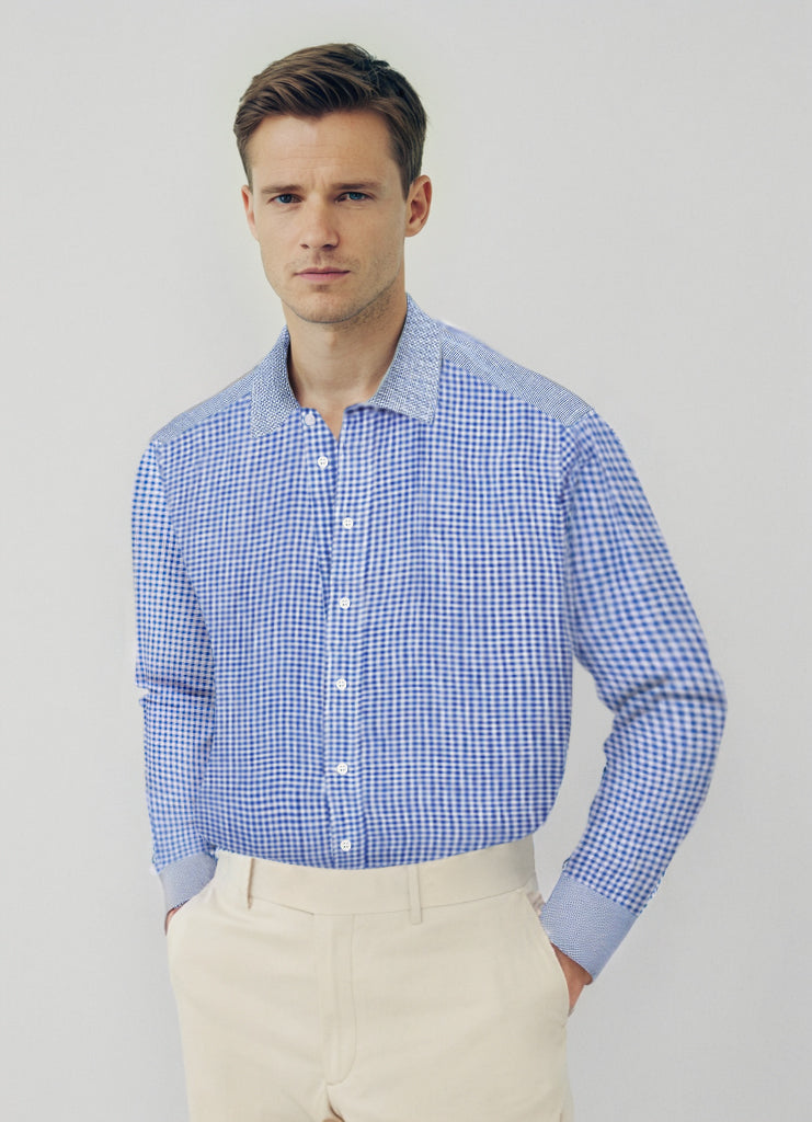 Chemise pour homme Olivier en lin, motif Vichy bleu et empiècements