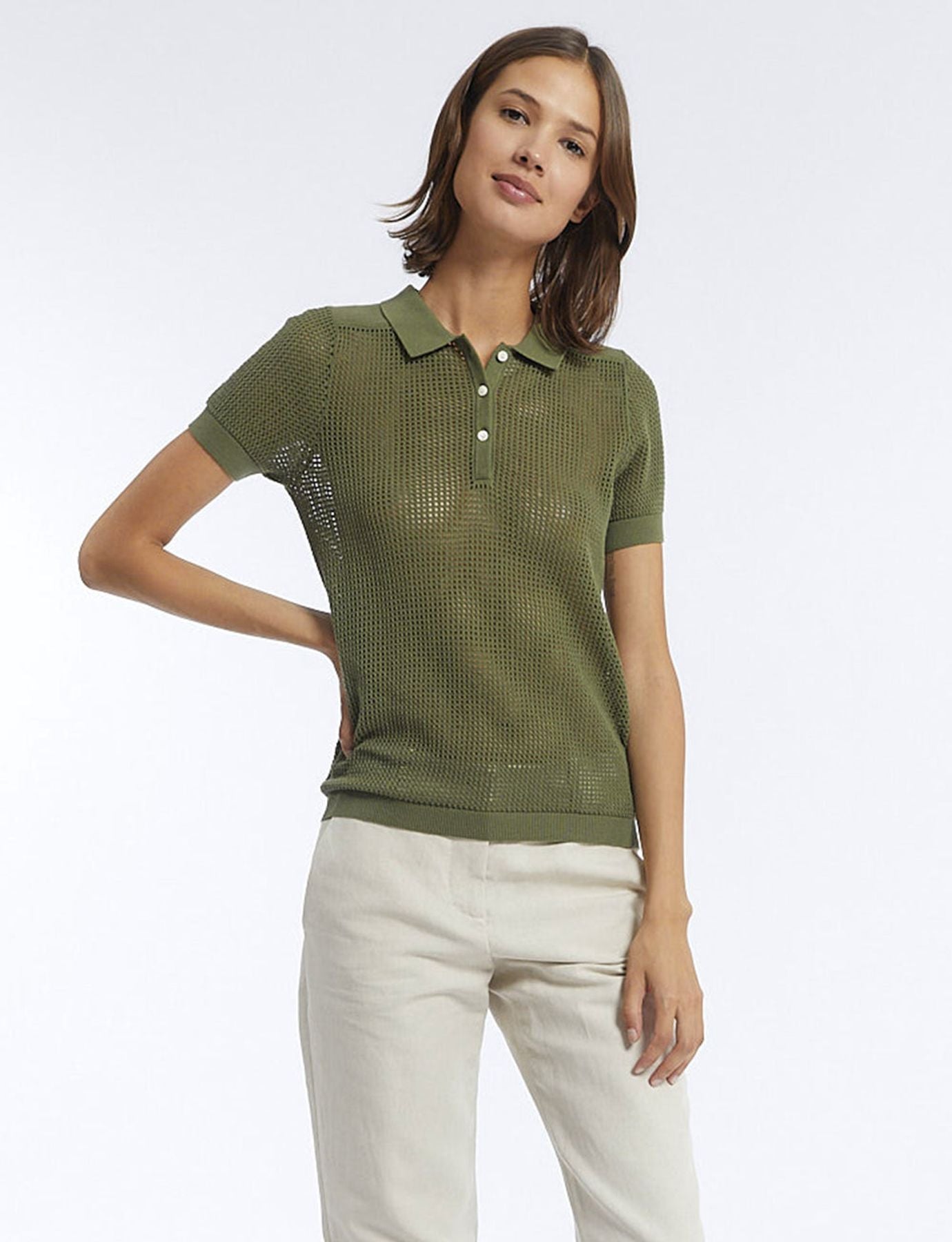 Ilario khaki crochet polo shirt