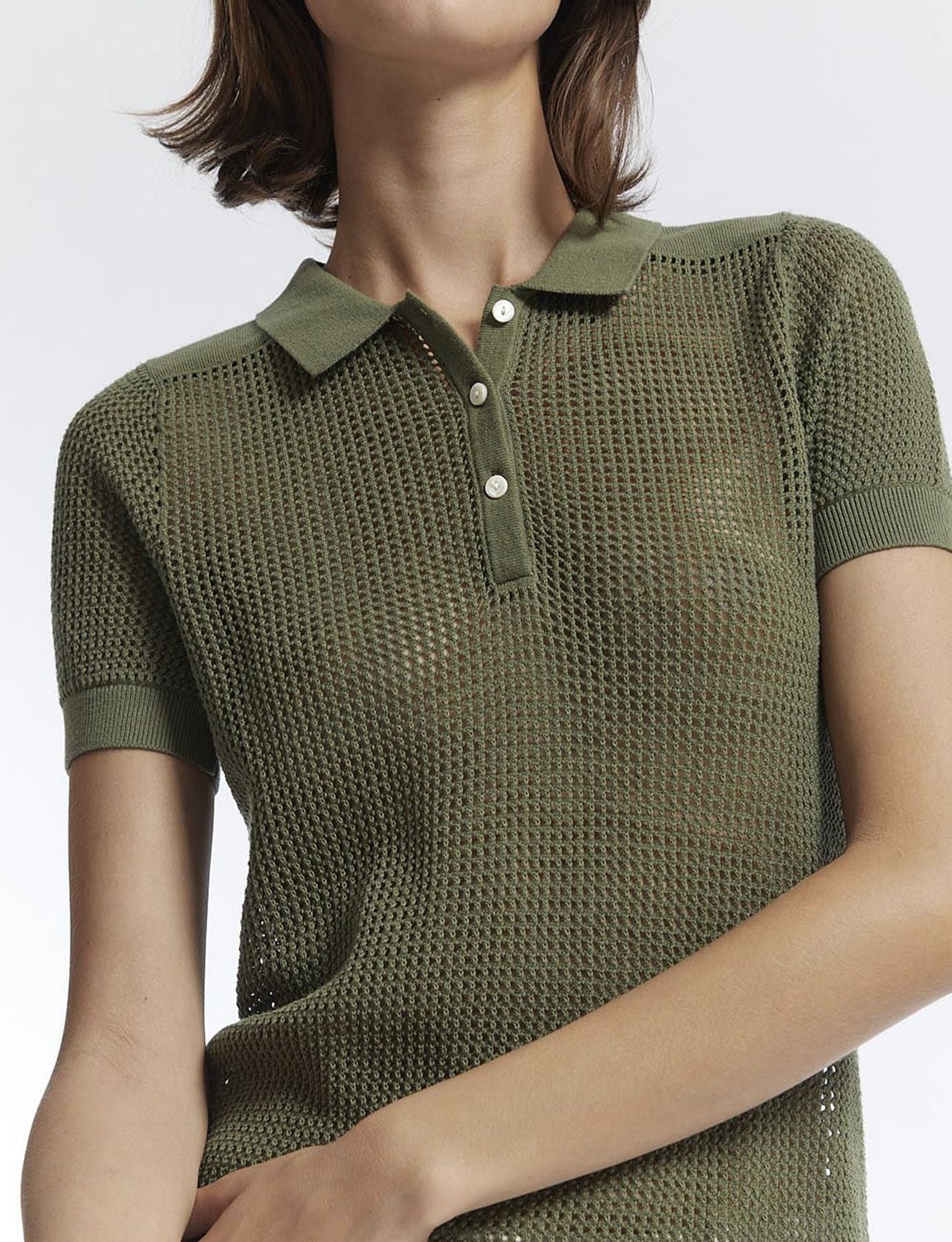 Ilario khaki crochet polo shirt