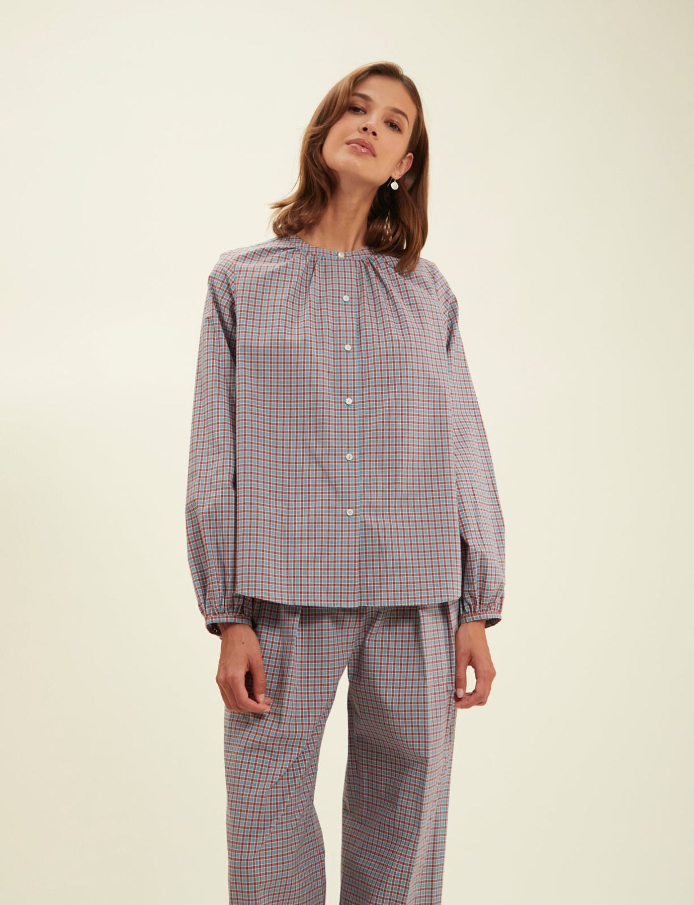 Blouse Joséphine turquoise à carreaux
