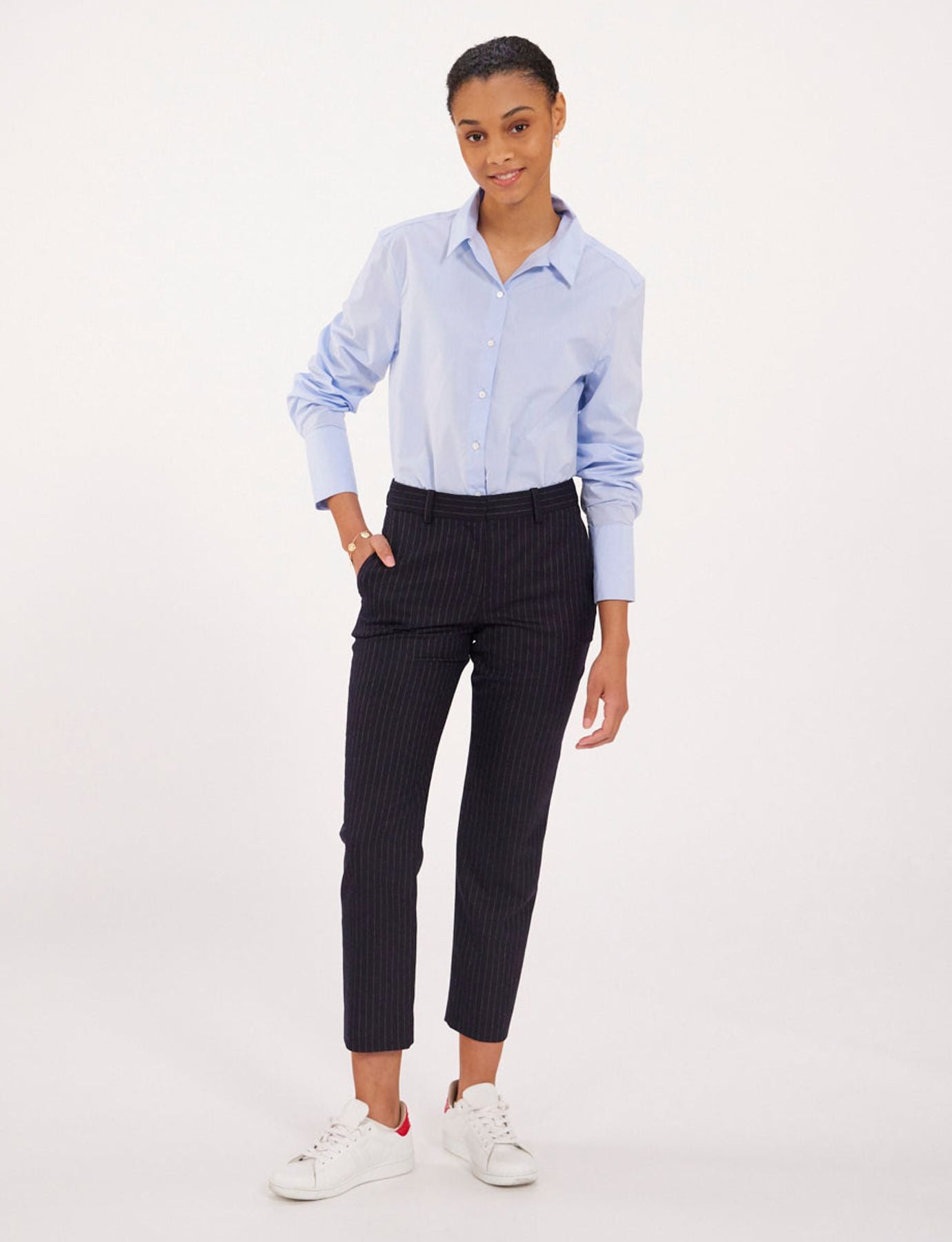 Audrey midnight blue trousers in fine stripes