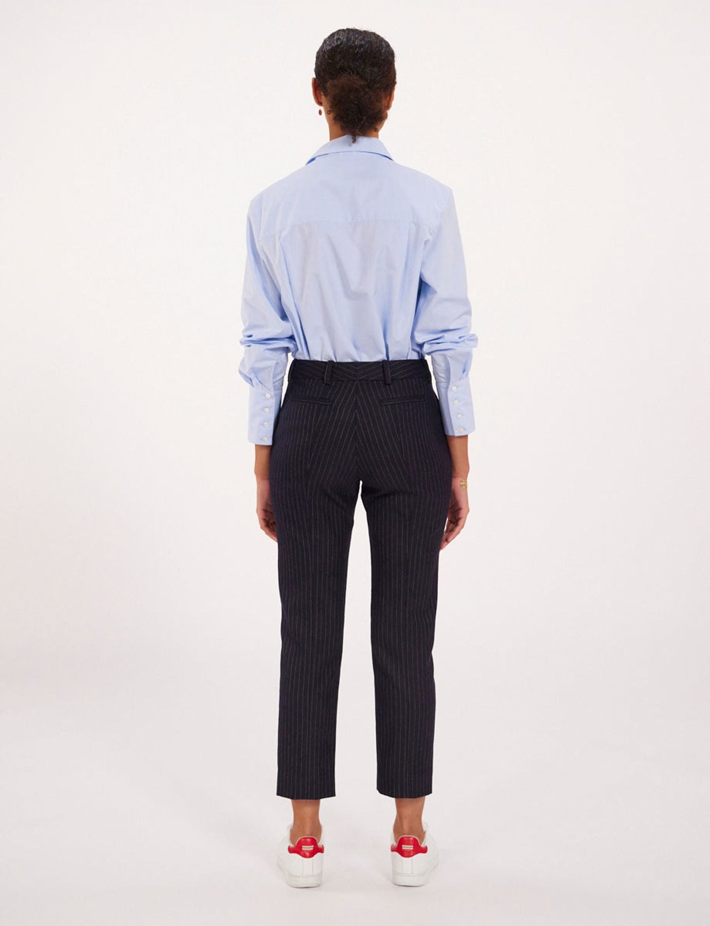 Audrey midnight blue trousers in fine stripes