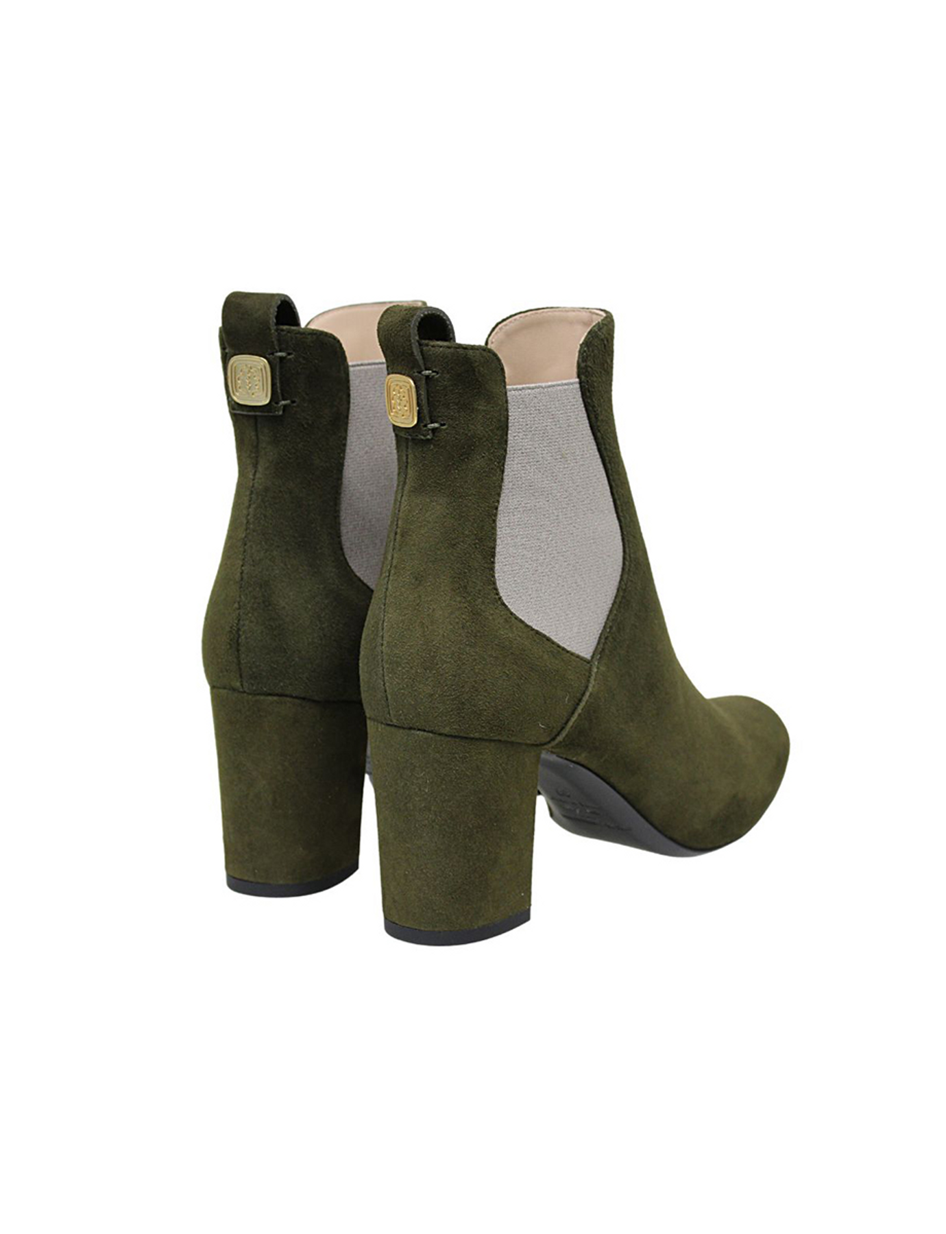 Khakifarbene Wildlederstiefelette mit Absatz