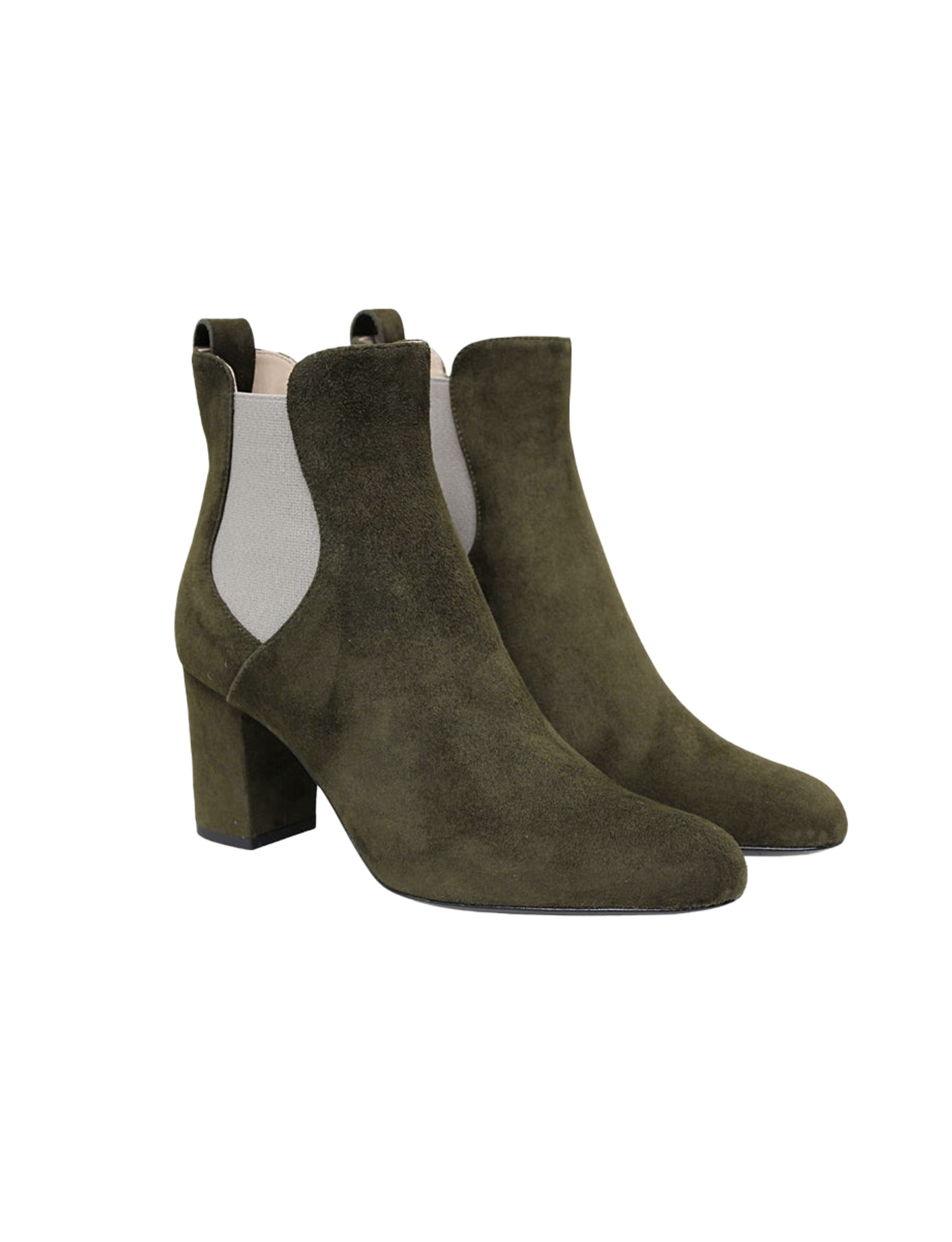Khakifarbene Wildlederstiefelette mit Absatz