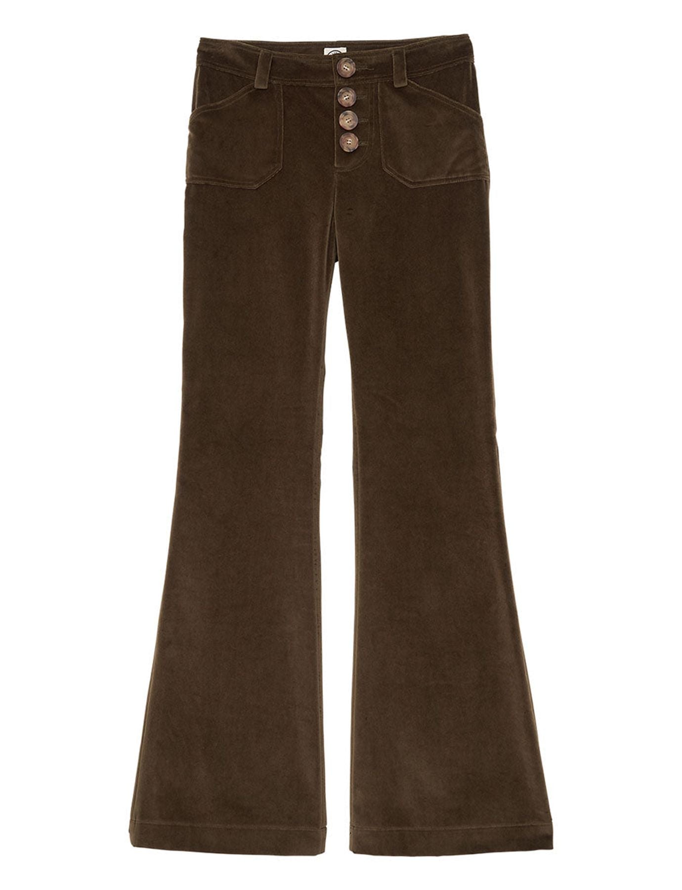 Pantaloni flare Charlotte in velluto liscio color kaki