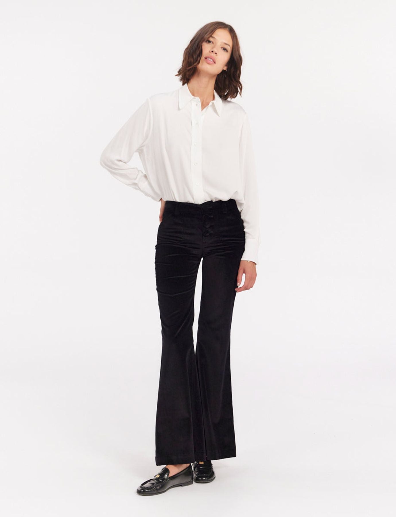 Charlotte black smooth velvet flare trousers