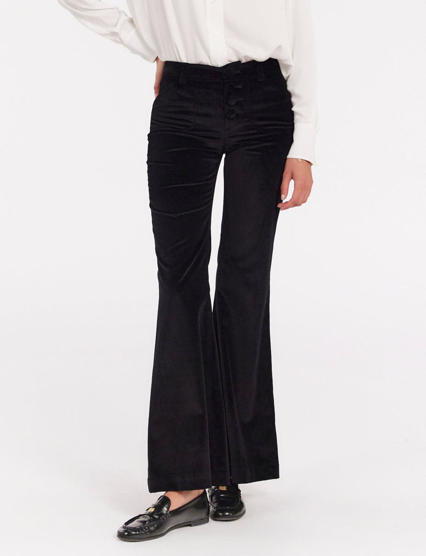 Charlotte black smooth velvet flare trousers