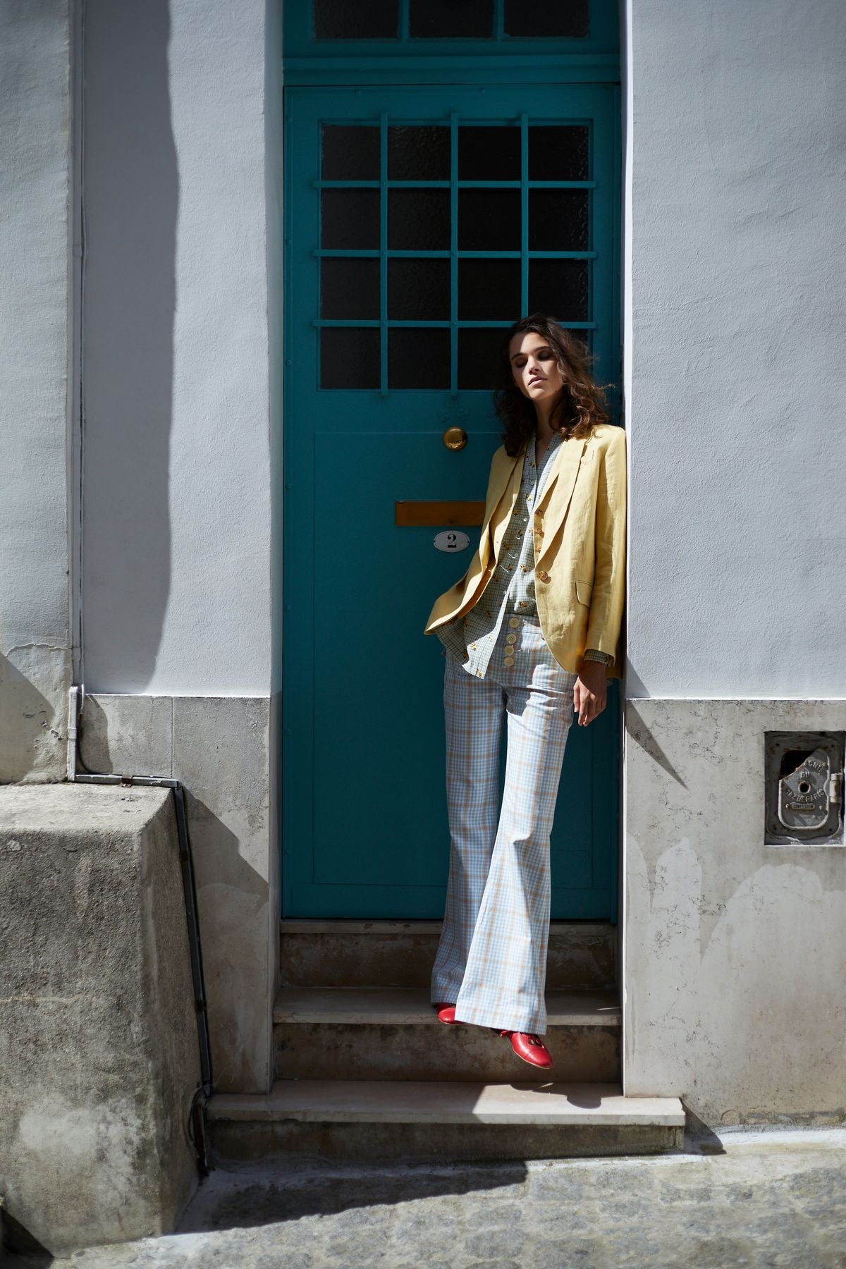 Pantalon Charlotte à carreaux bleu et orange