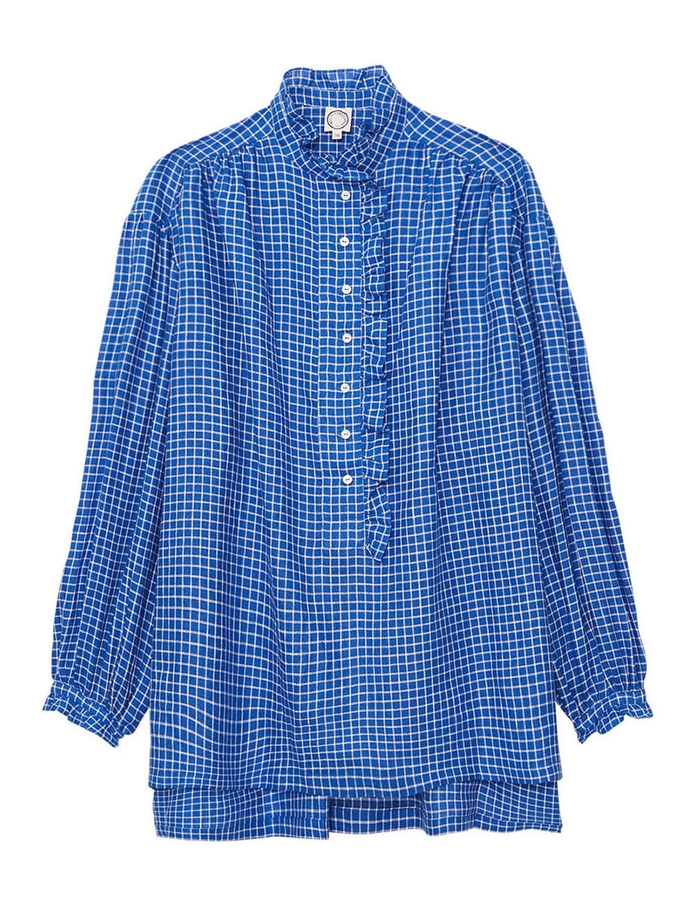 Oversized Maryange shirt with ruffles in blue linen