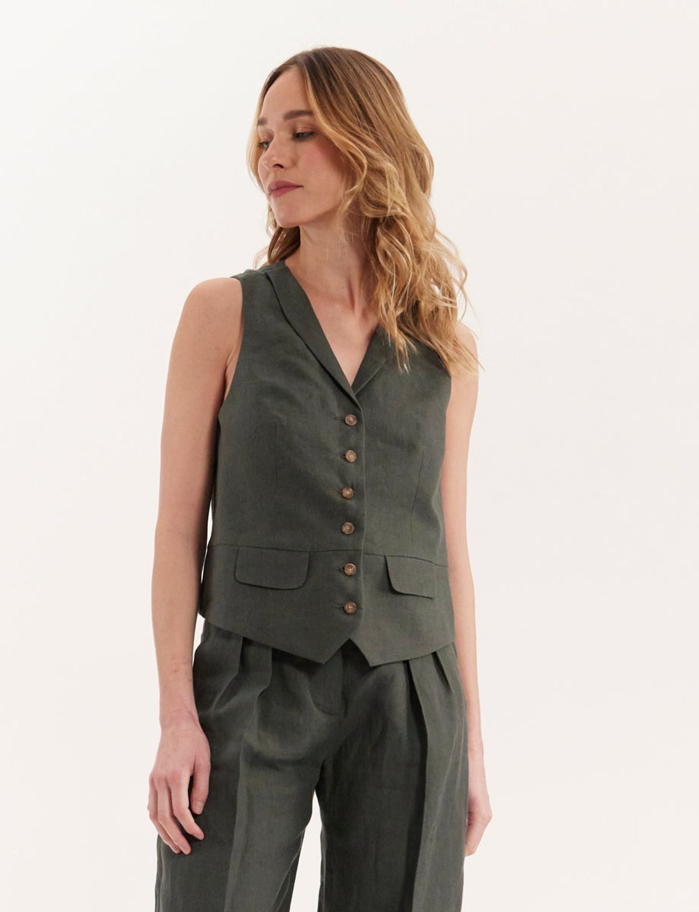 Gilet Robinson in lino verde scuro