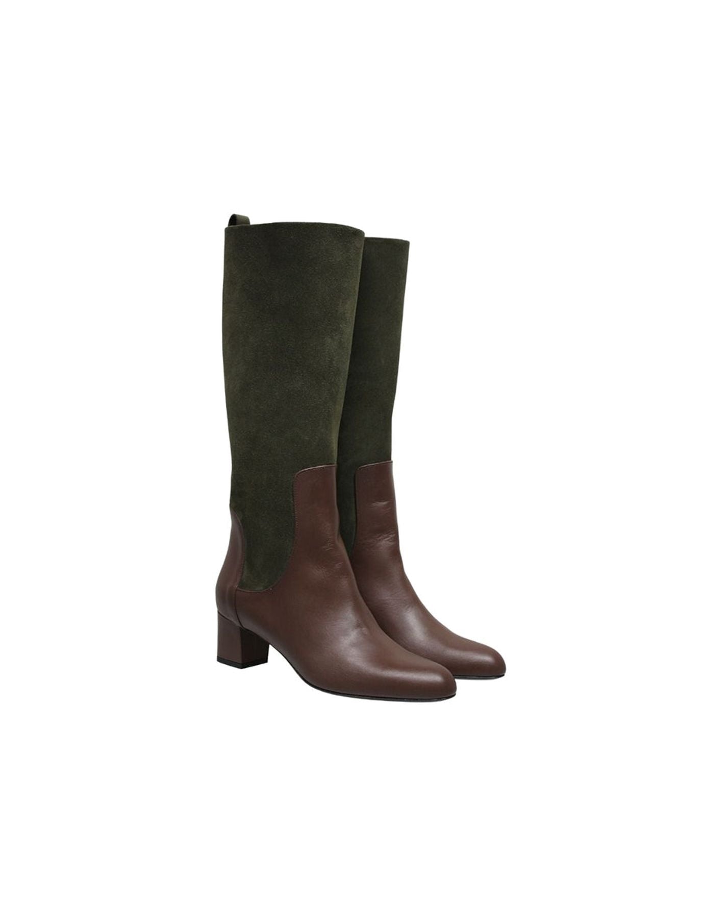 Bottes hautes à talon, cuirs vert et chocolat