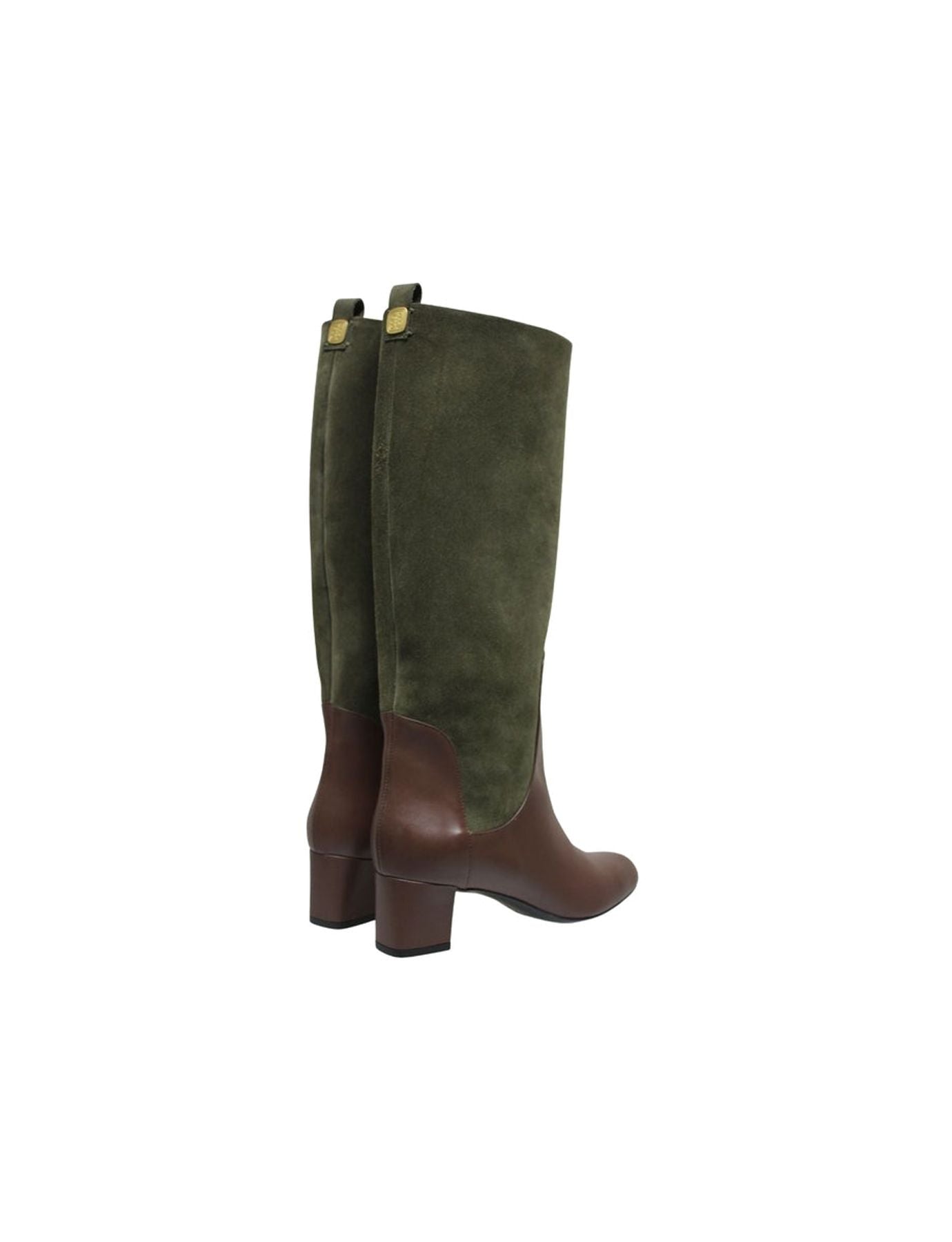 Bottes hautes à talon, cuirs vert et chocolat