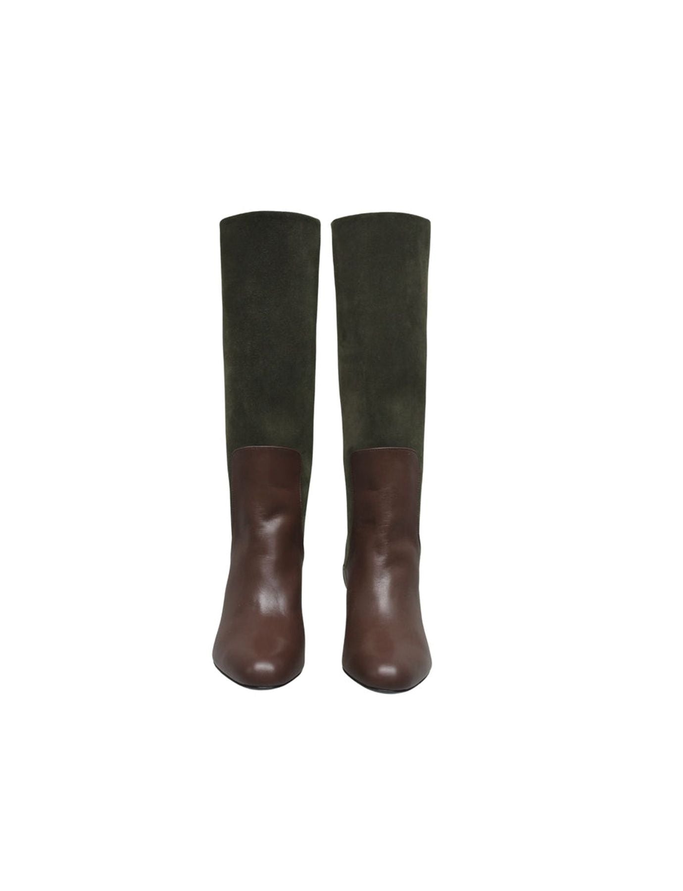 Bottes hautes à talon, cuirs vert et chocolat