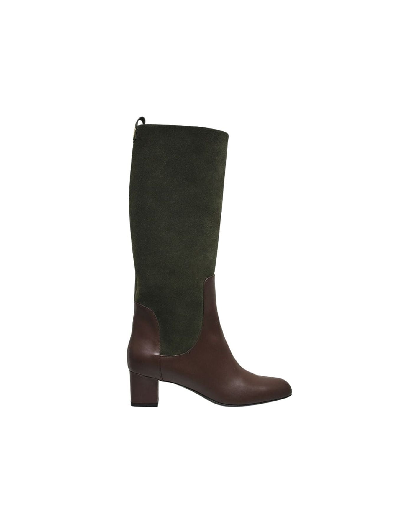 Bottes hautes à talon, cuirs vert et chocolat