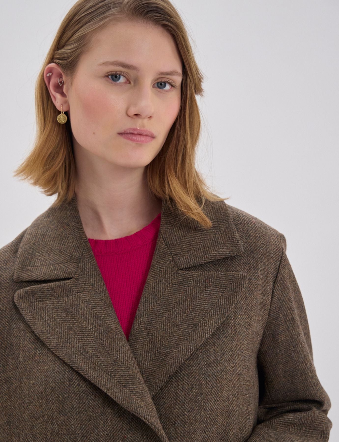 Manteau  Denise en lainage marron à chevrons