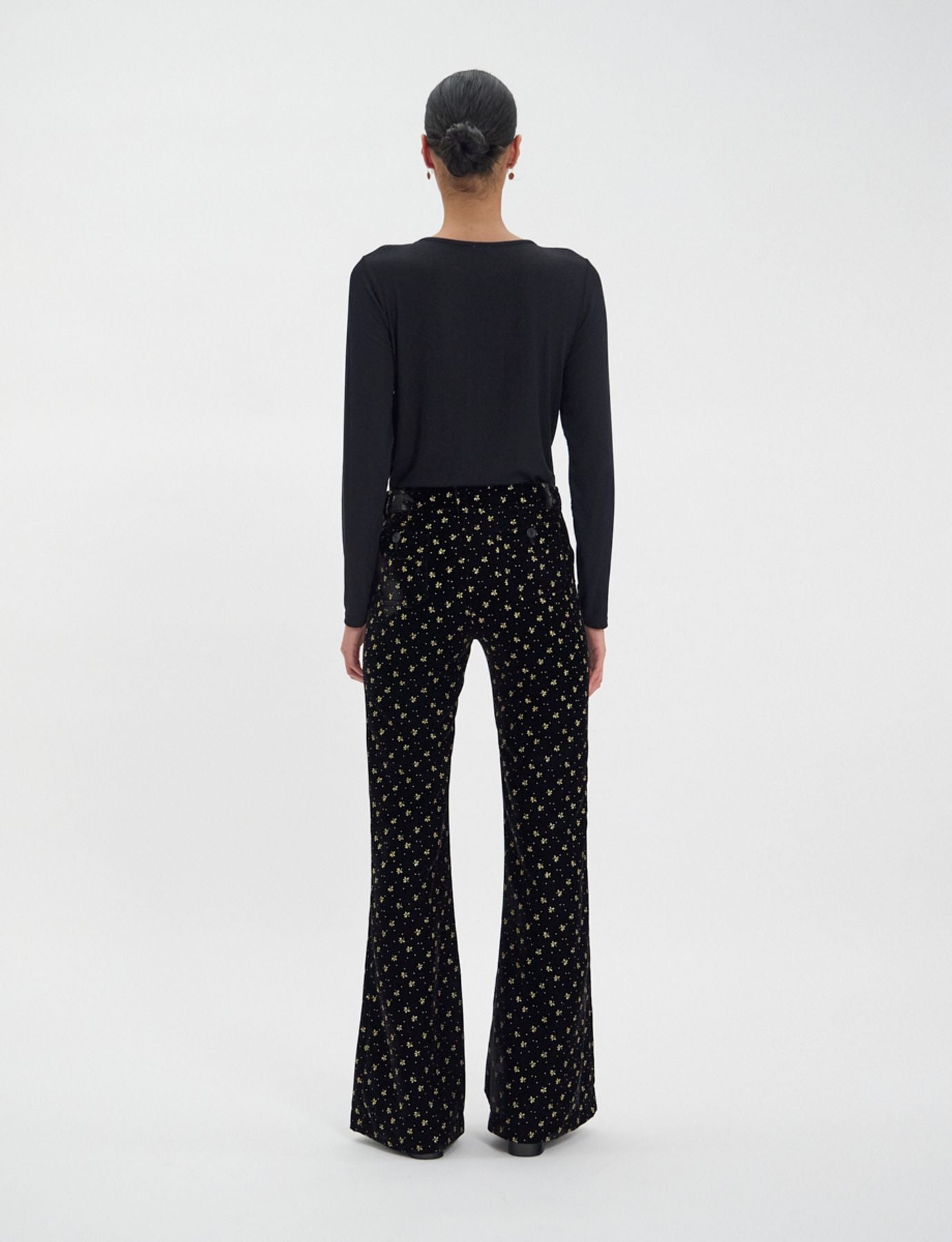 Pantalon Charlotte en velours lisse noir, imprimé doré