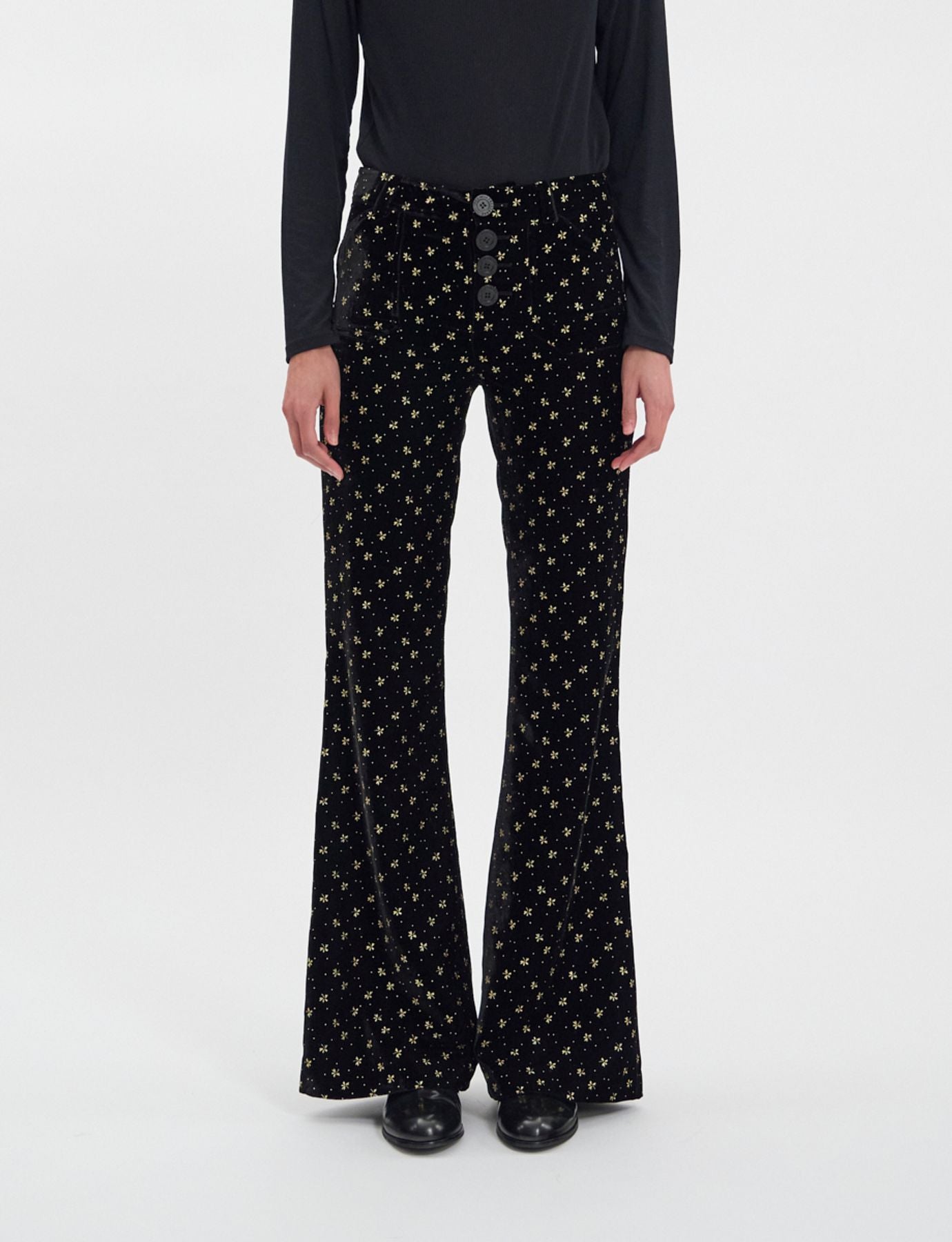 Pantalon Charlotte en velours lisse noir, imprimé doré