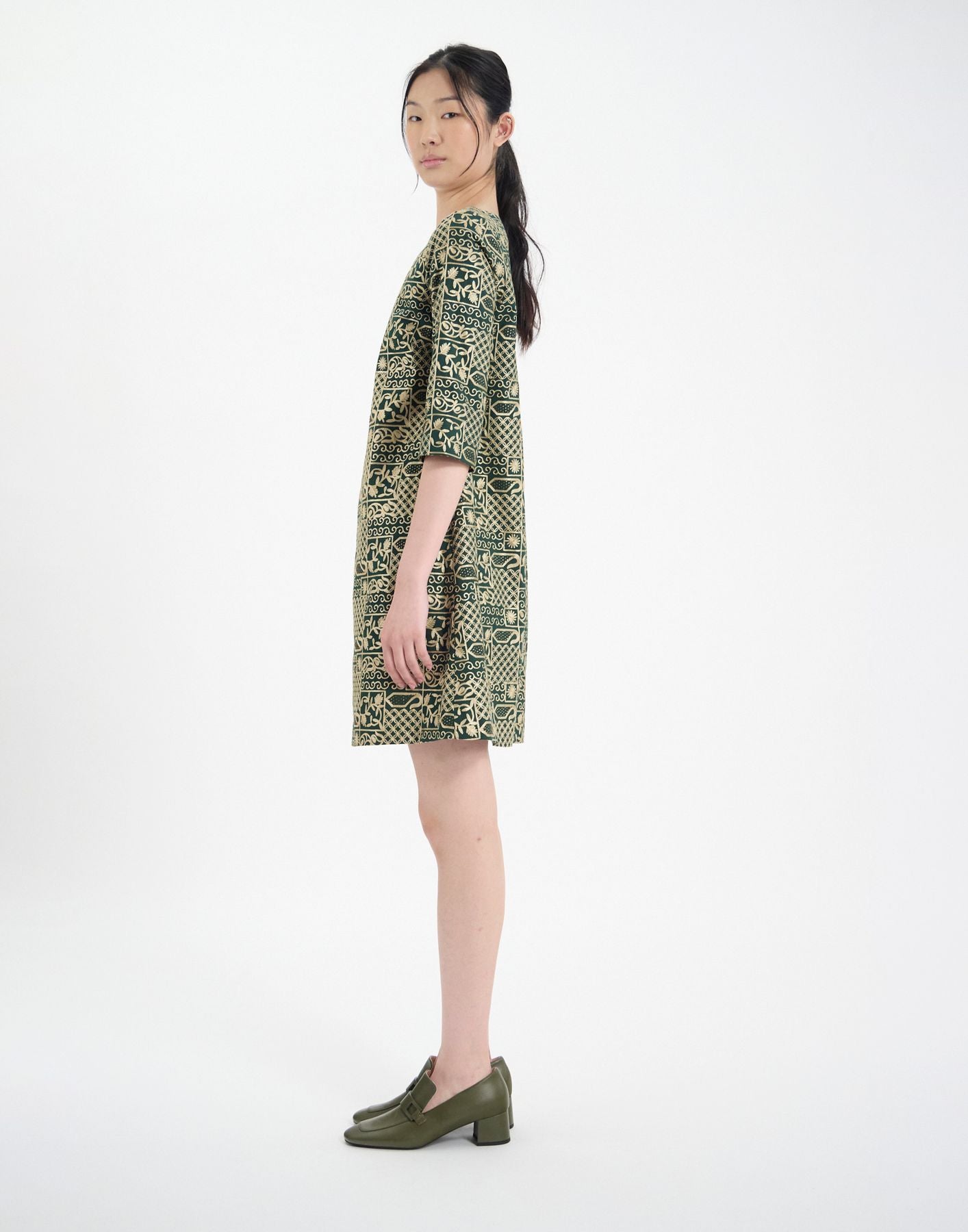 Megan dress in green embroidered cotton